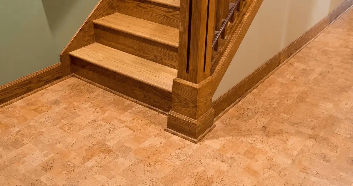 End of a staircase with cork flooring in Fargo, ND