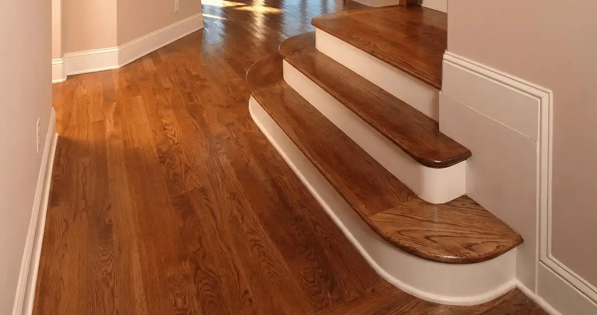 Base floor of a staircase with professionally restored wood flooring in Fargo ND