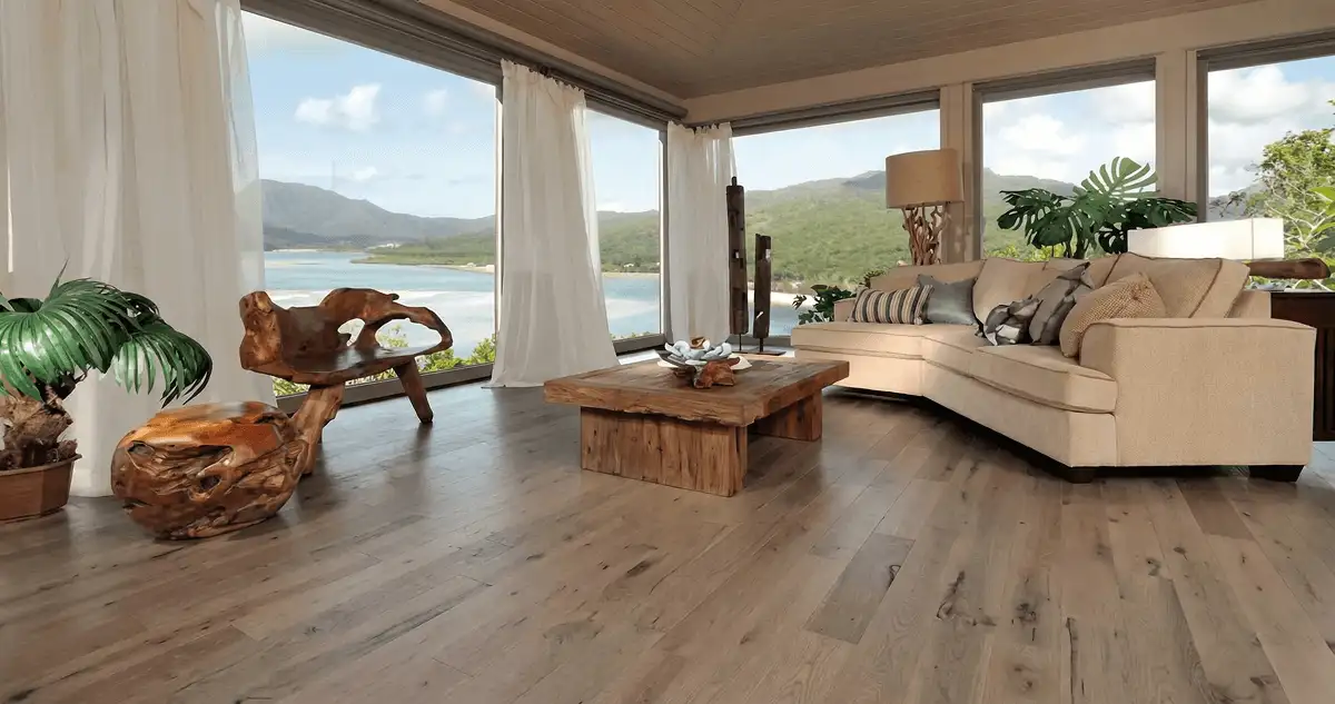 Professionally installed vinyl flooring in a modern living room with large windows in Fargo, ND